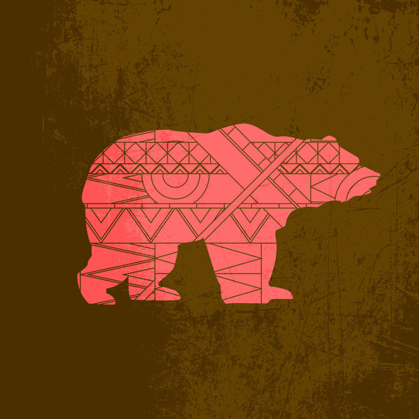 Bear decorative ornament. Silhouette of animal with red pattern