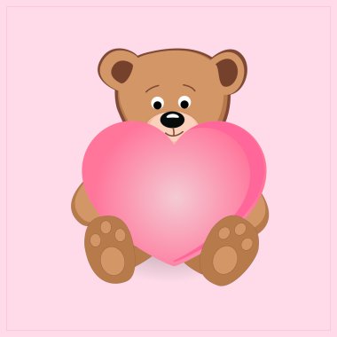 Cute teddy bear holding pink heart - vector illustration clipart
