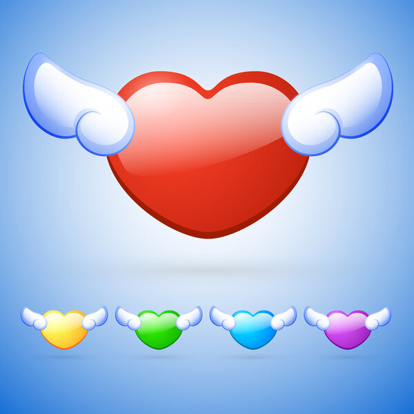 Hearts with wings. Vector set of buttons.