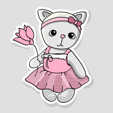 Vector illustration of a cute kitten with flowers. clipart