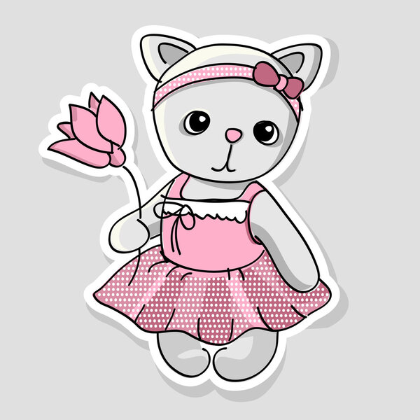 Vector illustration of a cute kitten with flowers.