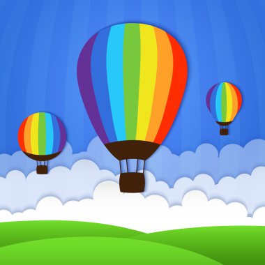 Yeşil yatay, sıcak hava balonları ve bulutlar