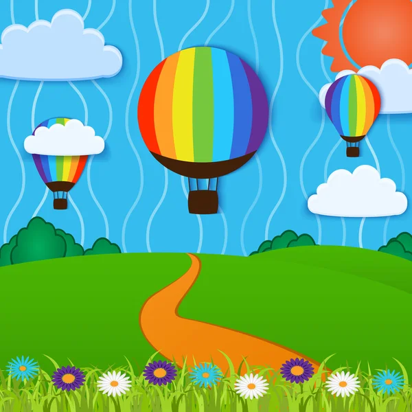 Καταπράσινο Τοπίο Αερόστατα Και Σύννεφα — Διανυσματικό Αρχείο