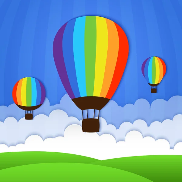 Green Landscape Hot Air Balloons Clouds — Stock Vector