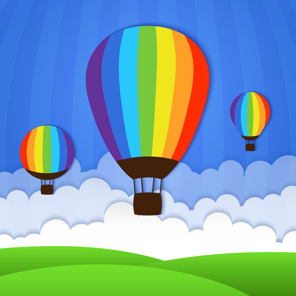 Green Landscape with Hot Air Balloons and clouds