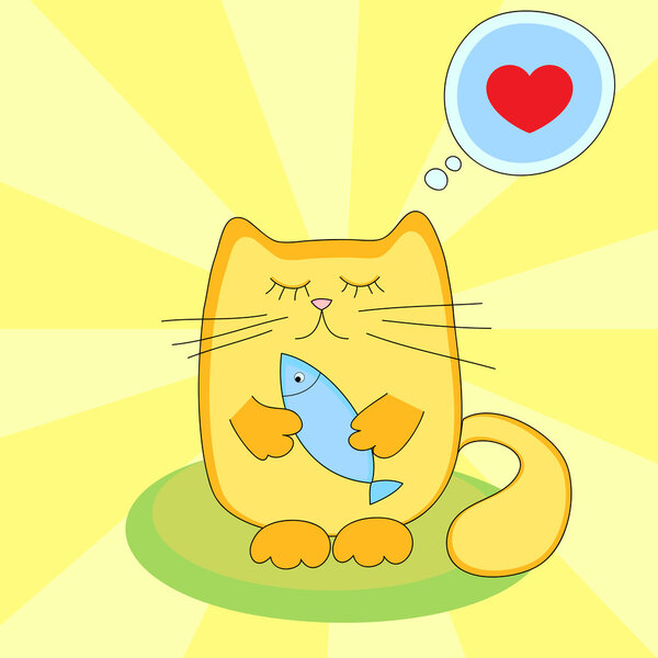 Кошка любит есть рыбу - векторная иллюстрация
