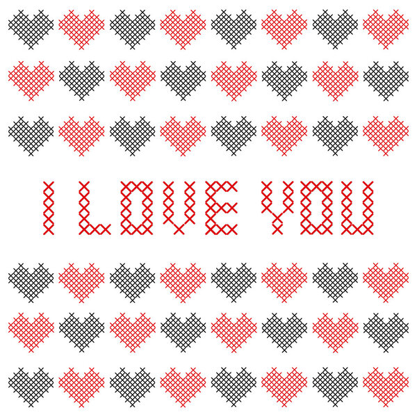Embroidered Valentine card. Vector illustration. 