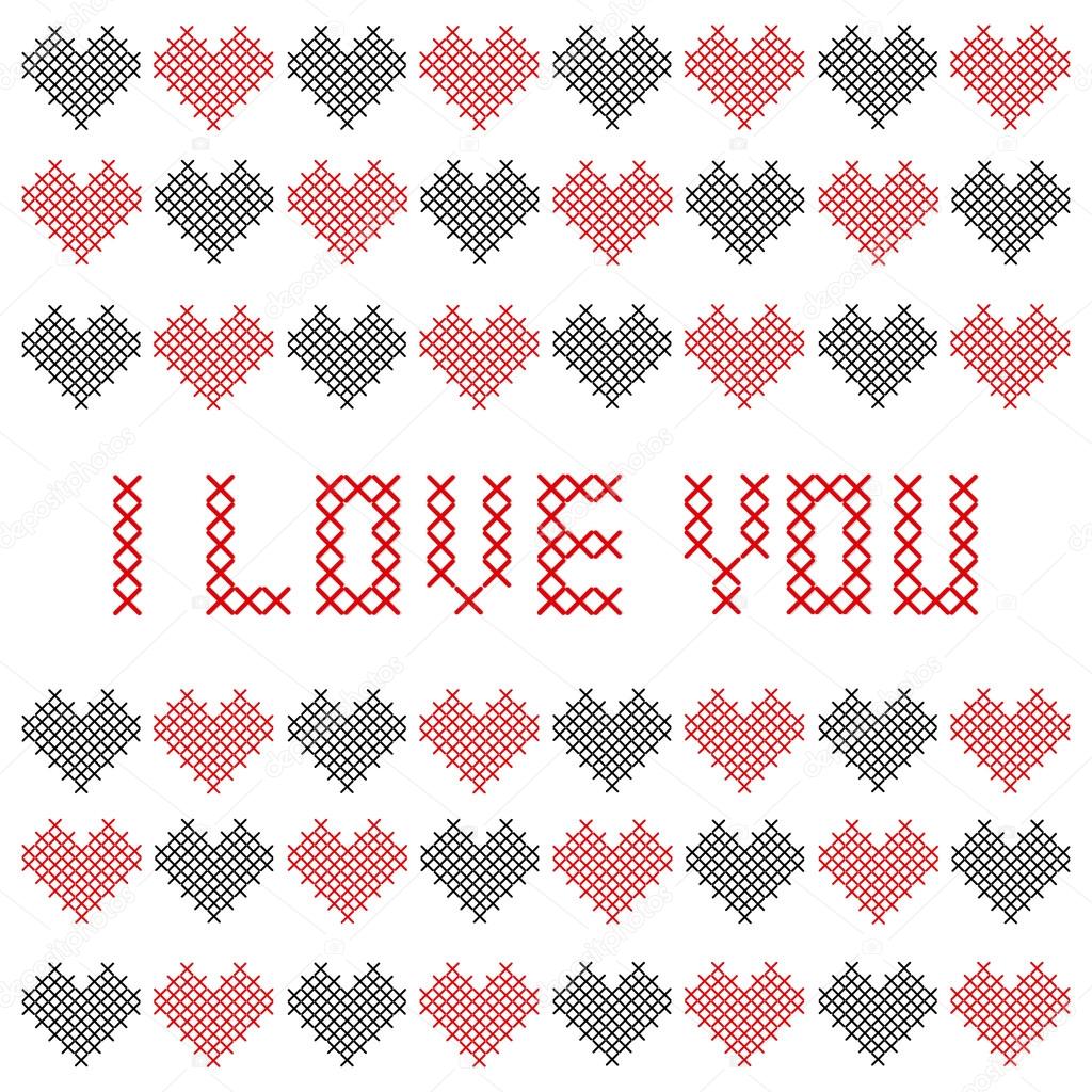 Embroidered Valentine card. Vector illustration. 