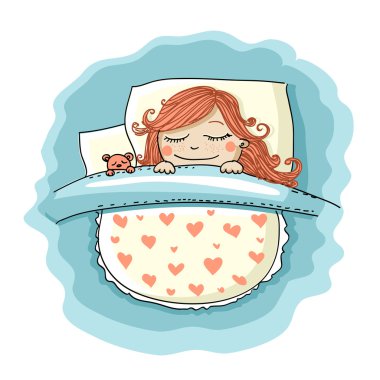 girl sleeping in the bed with her teddy bear clipart