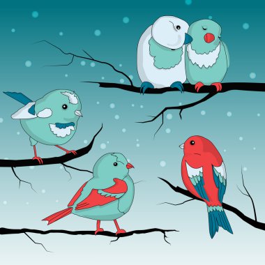 Cute little birds on wintry landscape clipart