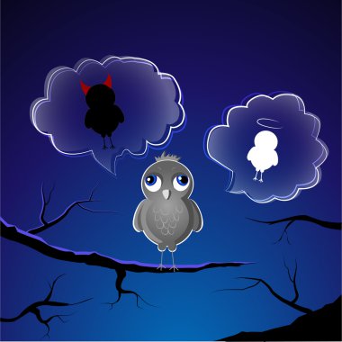 Funny little sparrow on a branch choose good or evil side clipart