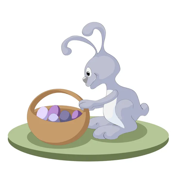 Easter Bunny Rabbit Easter Basket Full Decorated Easter Eggs — Stock Vector