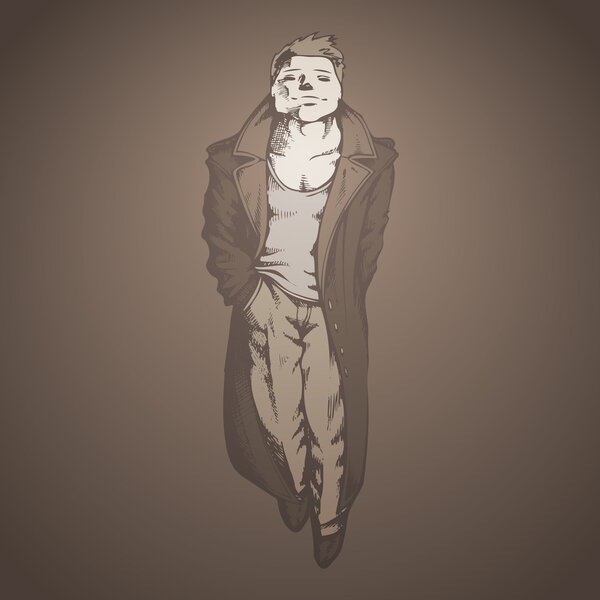 a man in a raincoat on a gray background