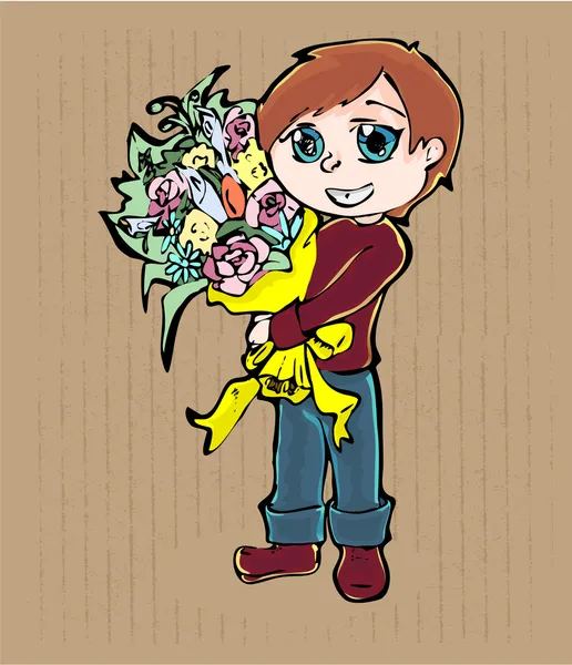 Young Cartoon Boy Bouquet Flowers — Stock Vector