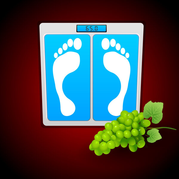 Personal bathroom scale with grape for diet or healthcare concept. Vector illustration.