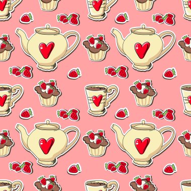 vektör arka plan ile cupcakes ve çaydanlıklar.