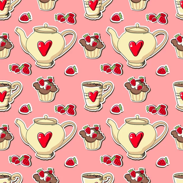 Fond Vectoriel Avec Cupcakes Théières — Image vectorielle