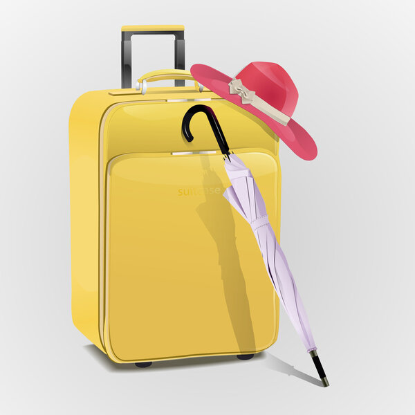 Vector suitcase with hat and umbrella