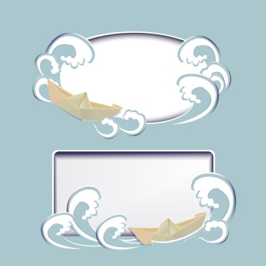 Two vector frames with paper boat and in waves clipart