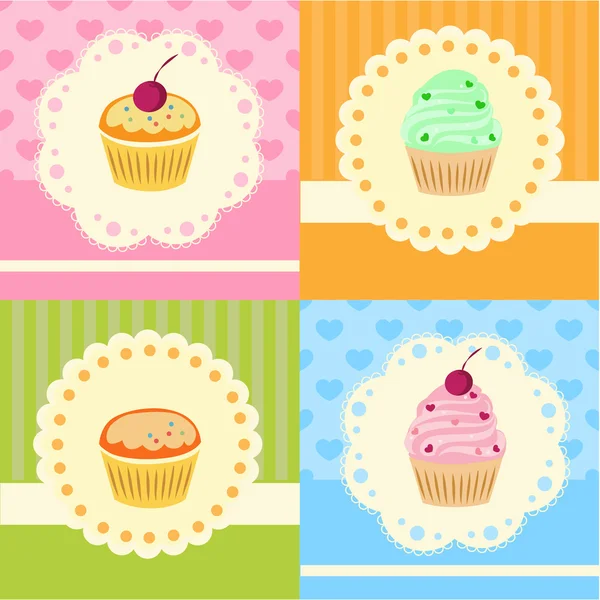 Conjunto Cupcakes Vetoriais Com Rendas — Vetor de Stock