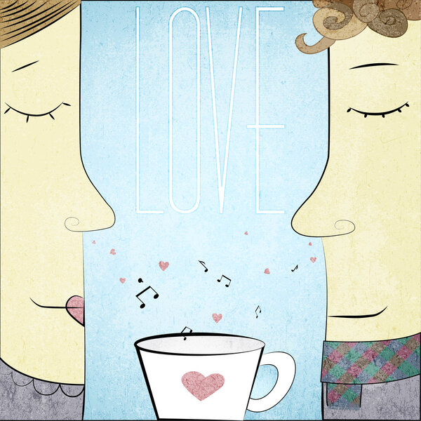 Vector Couple in Love with cup of notes and hearts