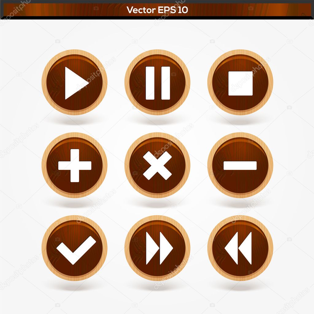 Set of round wooden media player buttons