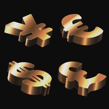 Vector set of golden signs with dollar, euro, pound sterling and yen. clipart
