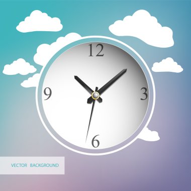 White vector clock with clouds on background clipart