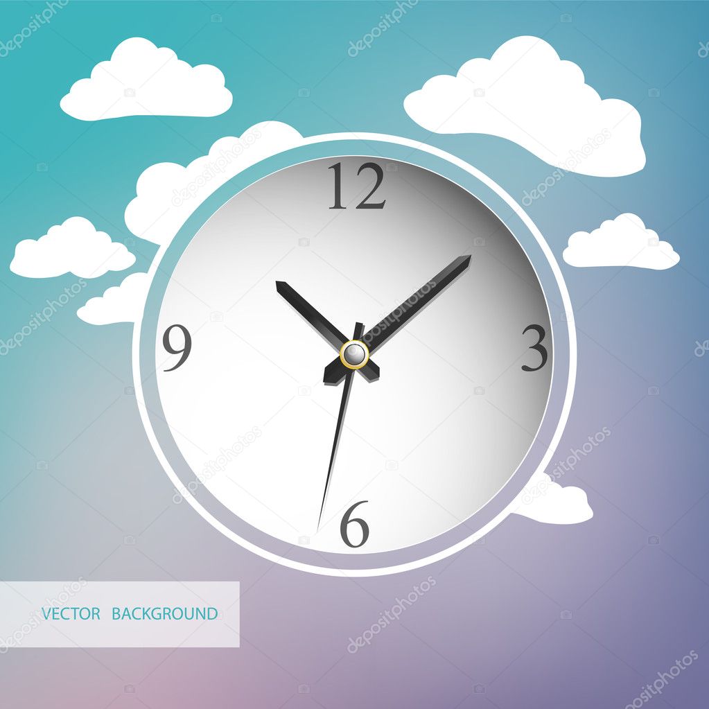 White vector clock with clouds on background