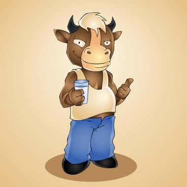 Funny cartoon bull with glass of milk. Vector illustration clipart