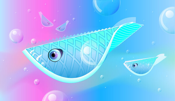 The flight of fishes floats on the sea. A vector illustration