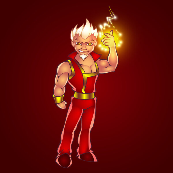 Ilustración Vectorial Del Hombre Dibujos Animados Lleno Relámpagos Eléctricos — Vector de stock
