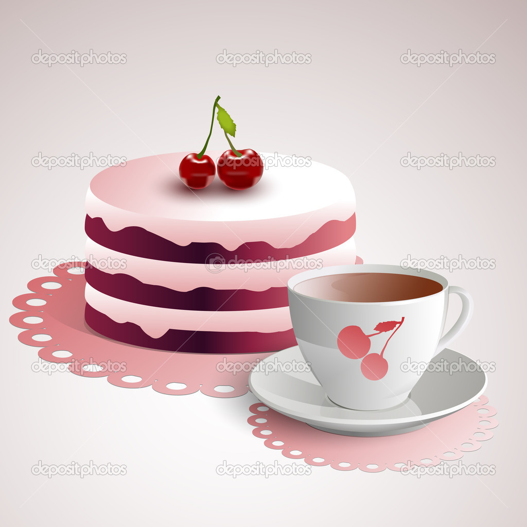 Cup of coffee with a cherry cake