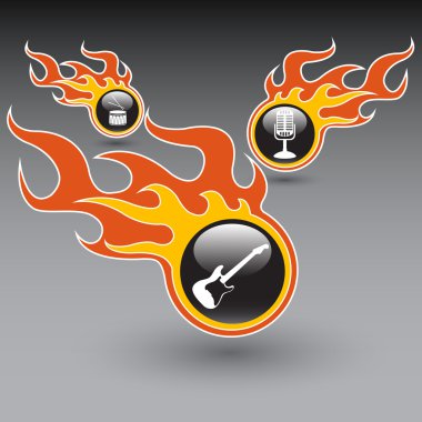 Set of musical instruments in the burning bubbles. Vector illustration clipart