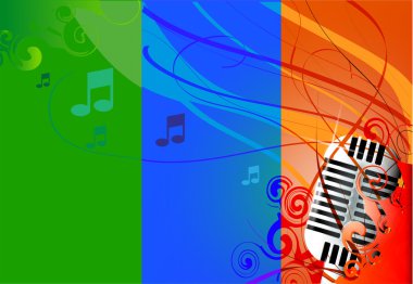 Vector Classic Microphone, multicolored background & notes. clipart