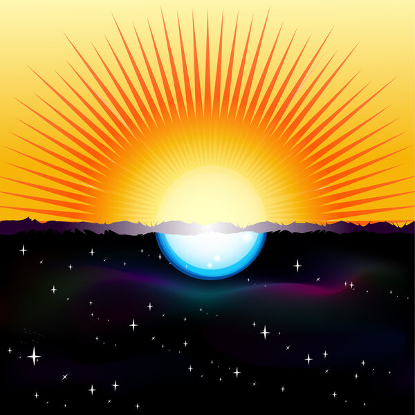 Vector illustration of a split-screen showing the Sun and the Moon