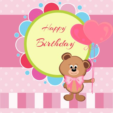 Happy birthday card with teddy bear and heart shaped balloons clipart