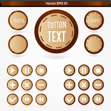 Set of round wooden media player buttons clipart