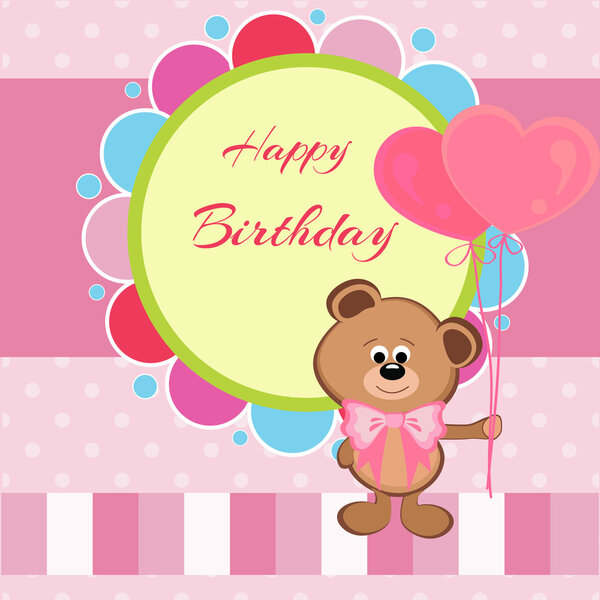 Happy birthday card with teddy bear and heart shaped balloons