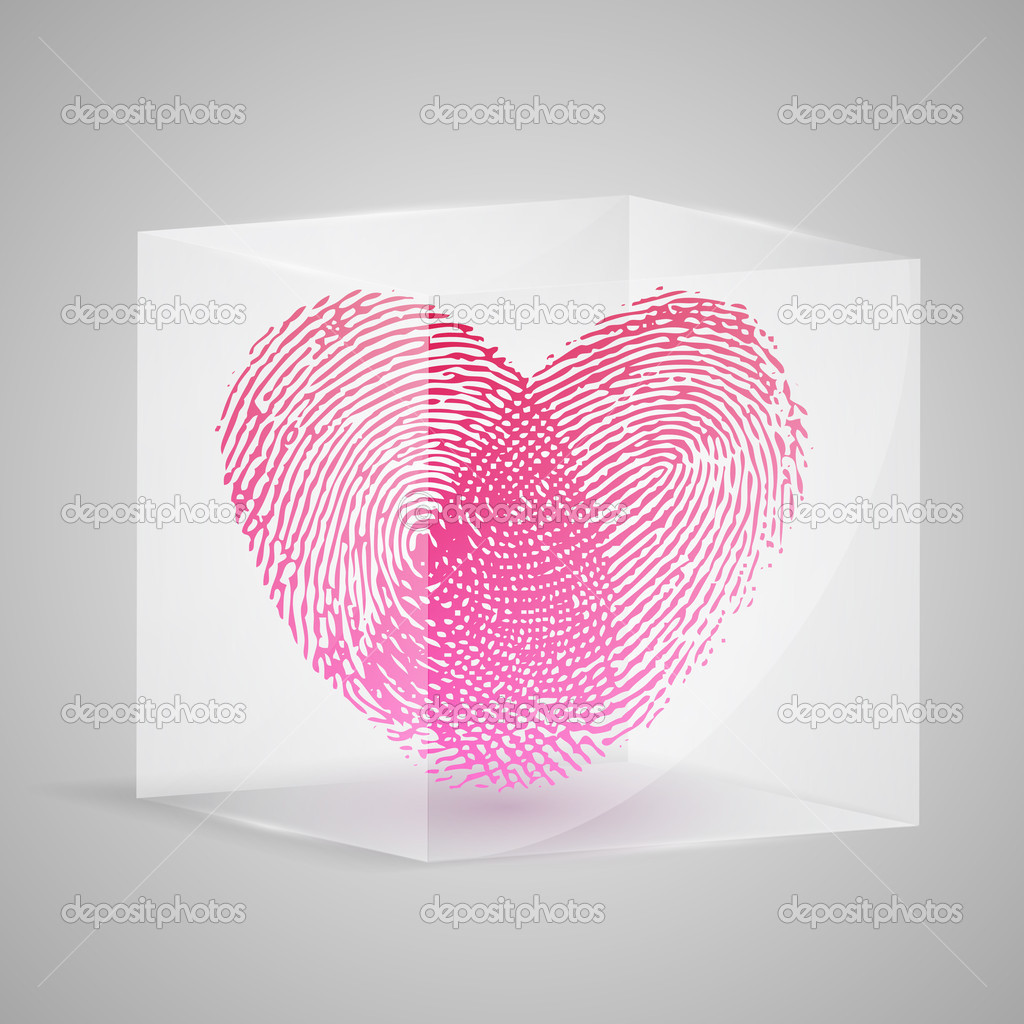 Fingerprint in the form of heart in glass box. Vector illustration.