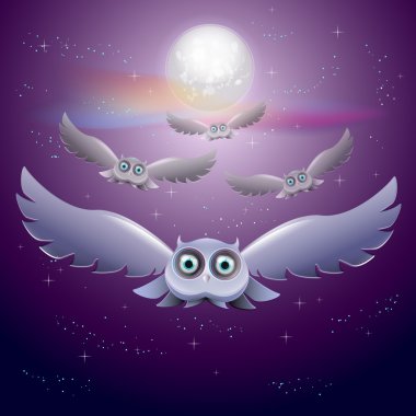 Vector illustration of flying owls in the night sky with moon clipart