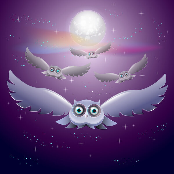 Vector illustration of flying owls in the night sky with moon