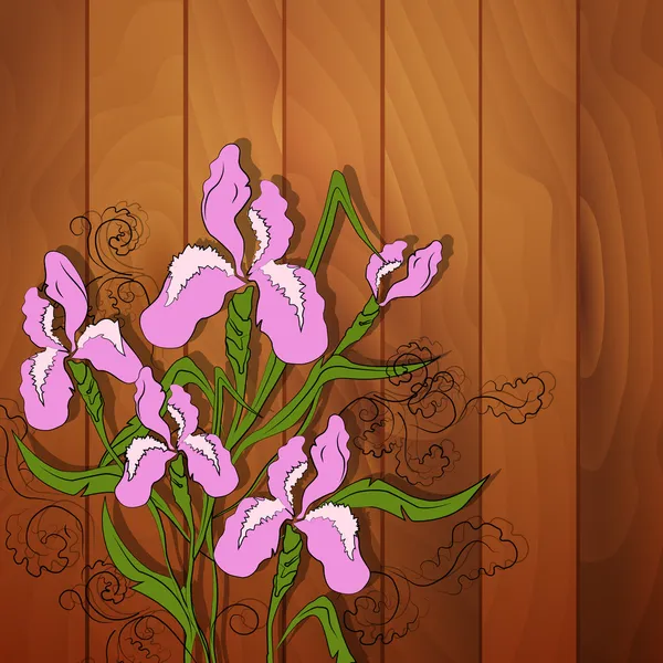 Iris Immagine Vettoriale Fiore Sfondo Legno — Vettoriale Stock
