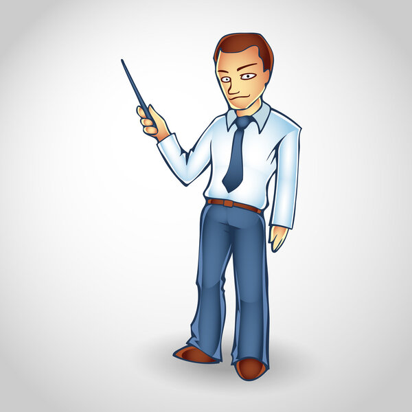 Cartoon business man points upwards with pointer on copy space