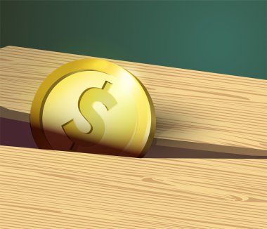 Gold coin with dollar sign and wooden board. clipart