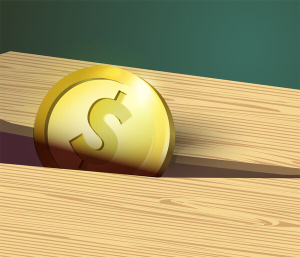 Gold coin with dollar sign and wooden board.
