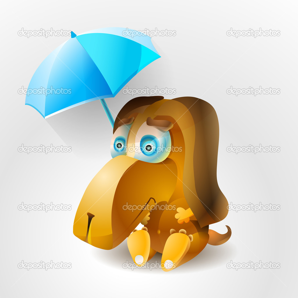 Sad dog with umbrella. Vector illustration.