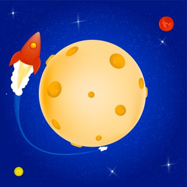 Space rocket orbiting around the Cheese planet. Vector clipart