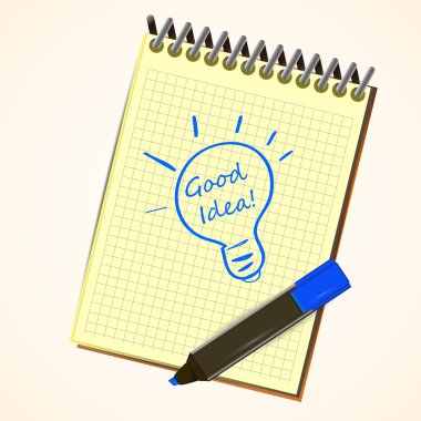 Vector notebook with marker pen drawing an idea symbol light bulb on a page of ruled notebook paper clipart