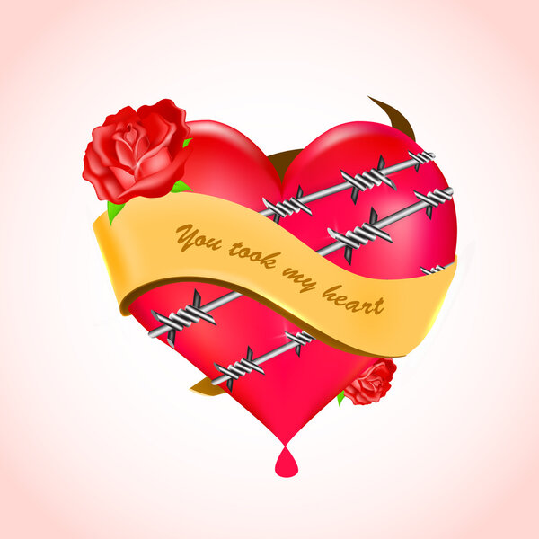 Bleeding heart with barbed wire and red roses. Vector.